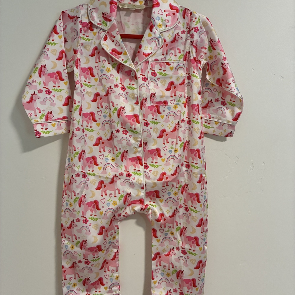 Bow Dream Unicorn Rainbow Satin Romper Girls 6-12M White Pink Long Sleeve